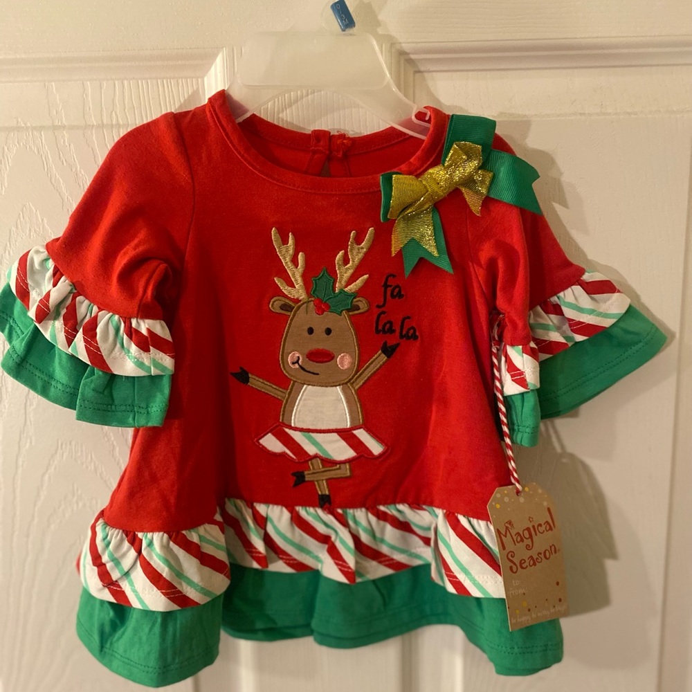 Christmas Dress, Fa La La Reindeer Ruffled Dress, Red, White Christmas Dress